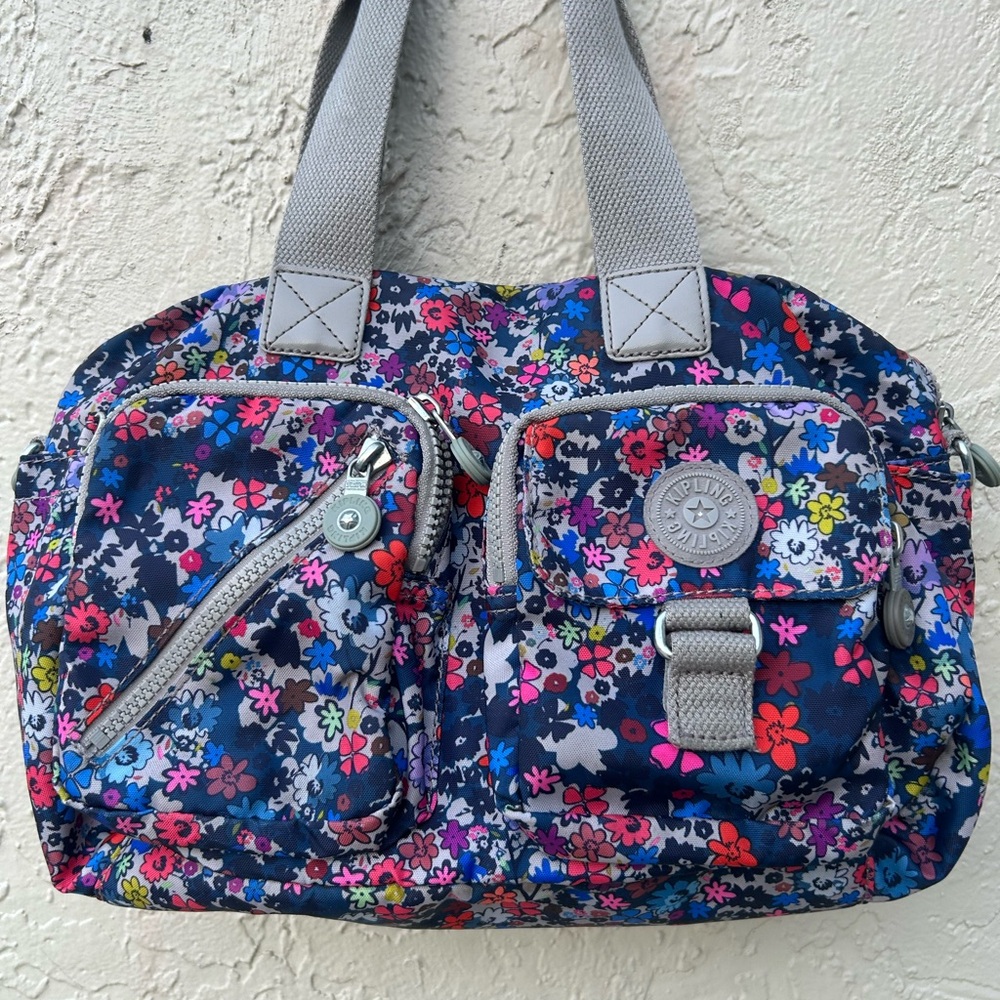 Kipling Defea Shoulder Bag purse Nylon Colorful Floral Multi pockets With Pouch